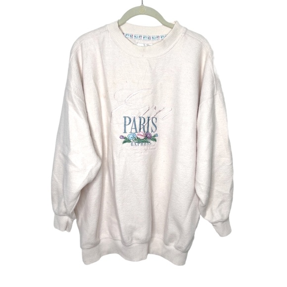 Vintage Tops - Vintage 90s Express Athletique Paris Embroidered Pink Sweatshirt Pullover